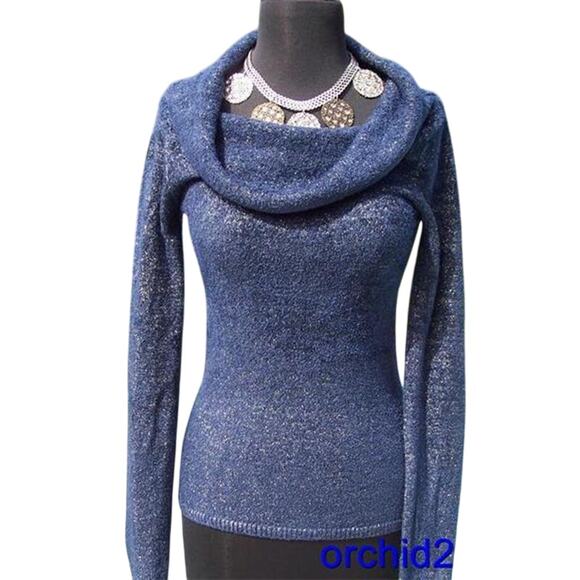 Cache Navy Metallic Exaggerated Oversize Collar Top New SOFT Sweater NWT $98 - Picture 1 of 6